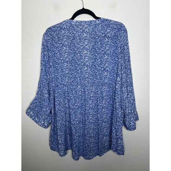 Cynthia Rowley Floral Blouse Button Down 3/4 Sleeve Top Blue White Plus Size 1X - Picture 7 of 8
